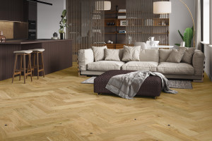 Паркетна дошка Barlinek PURE Classico Line англійська ялинка Дуб Caramel FAMILY, матовий лак, брашований, 4-х стороння мікрофаска, 14*180*725 мм