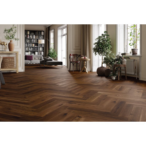 Паркетная доска Barlinek - PURE Classico Line английская елка Дуб Trapani FAMILY, матовый лак,коричневый дымчатый, брашированный, 4-х сторонняя микрофаска, 14*130*725 мм