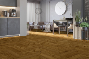 Паркетна дошка Barlinek - PURE Classico Line французька ялинка Дуб Honey, матовий лак, 4-х стороння фаска, брашування, 14*130*725 мм