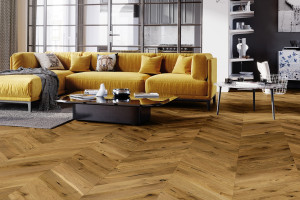 Паркетна дошка Barlinek - PURE Classico Line французька ялинка Дуб Mainland, матовий лак, 4-х стороння фаска, брашування, 14*130*725 мм